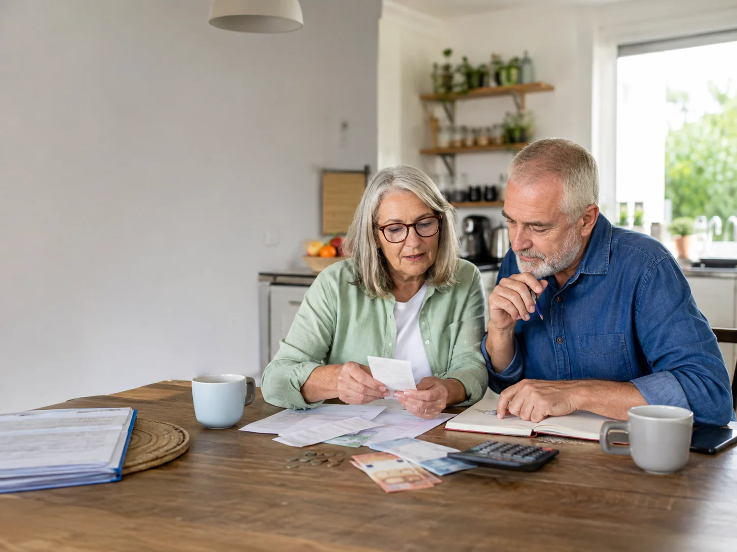 Couple senior en France examinant calmement des factures et un budget à la maison.